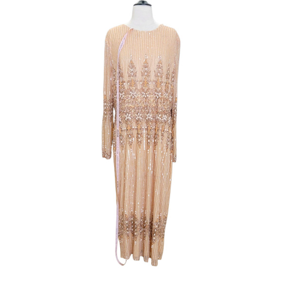 Mac Duggal 5576 Peach 18 Sequin Beaded Long Sleeve High Neck Midi Evening Dress - Picture 2 of 13